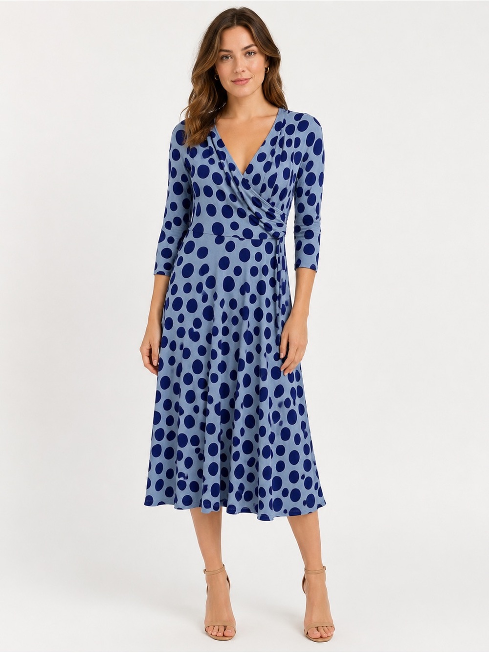 Boden Dress Women's Size 4 Long US, 8L UK Blue Polka Dot V Neck 3/4 Sleeves Work